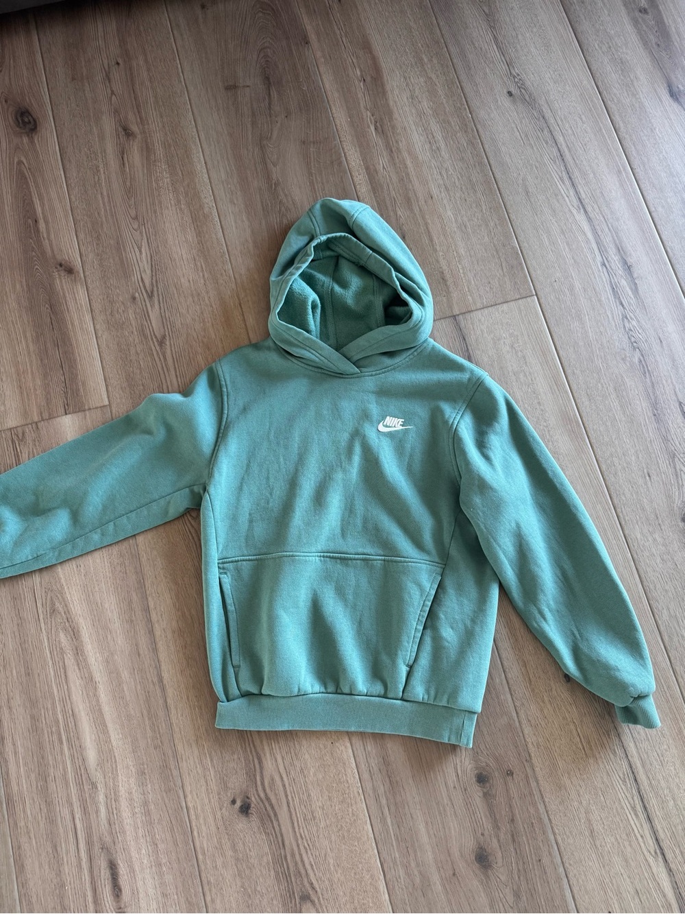 Nike Youth Large Green Teal Pullover Hoodie White Swoosh Logo